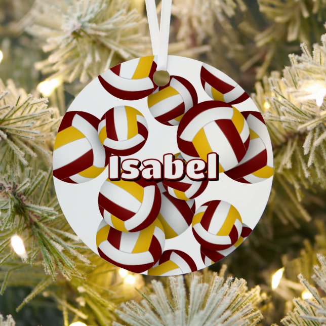 maroon gold volleyballs w athlete name keepsake metal ornament (Insitu)