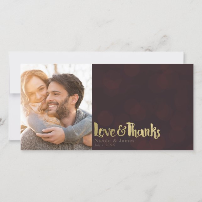 Maroon Gold Wedding Photo Love & Thanks Thank You (Front)