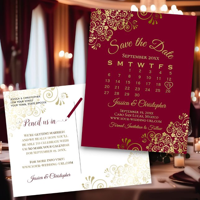 Maroon & Gold Wedding Save the Date Calendar Announcement Postcard (Front/Back)