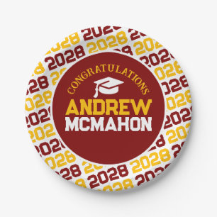 Maroon, Gold & White Graduation Personalized Paper Plate