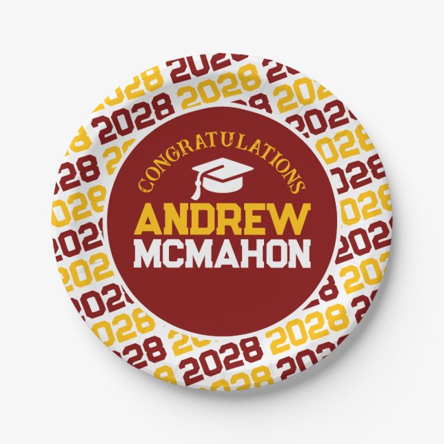 Maroon, Gold & White Graduation Personalized Paper Plate (Front)