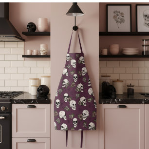Maroon Gothic Skulls and Roses Floral Apron