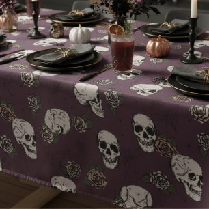 Maroon Gothic Skulls and Roses Halloween Tablecloth
