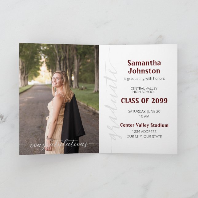 Maroon Graduate Script Modern Photo Invitation (Inside)