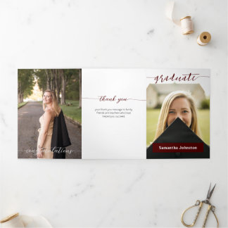 Maroon Graduate Script Modern Three Photo Tri-Fold Invitation
