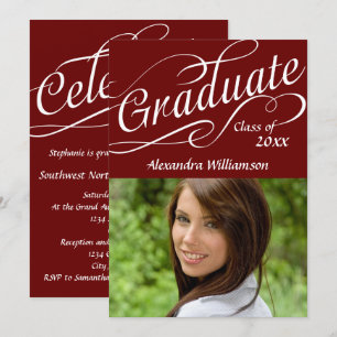 Maroon Graduate Swirly Script Photo Invitation