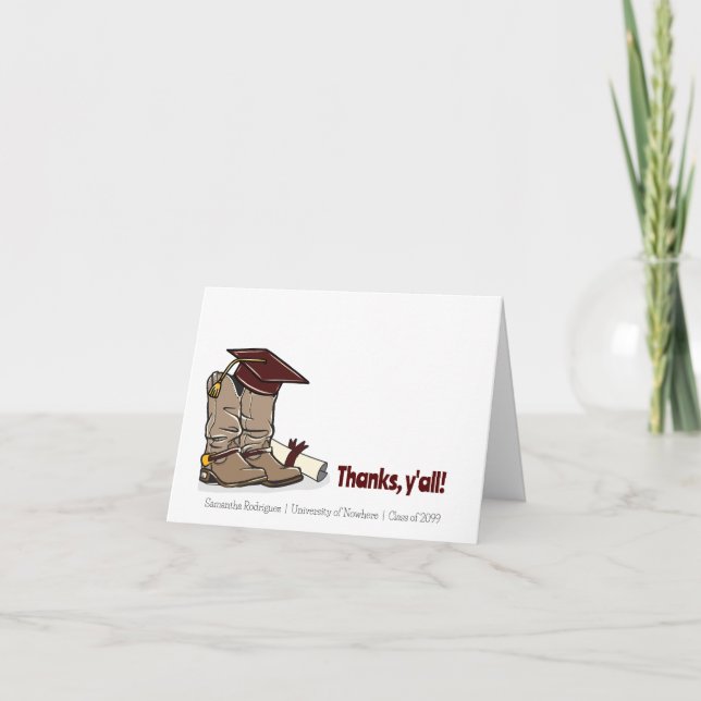 Maroon Graduation Cap and Cowboy Boot Thank You Card (Front)