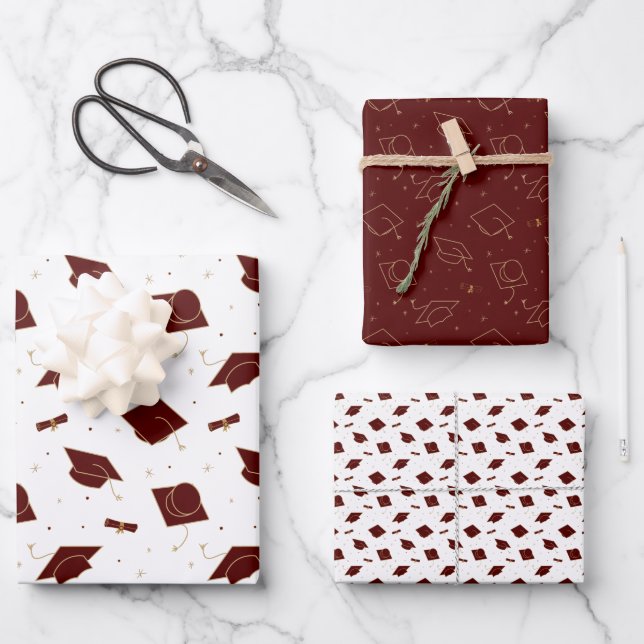 Maroon Graduation Cap Toss Wrapping Paper Sheet (Front)
