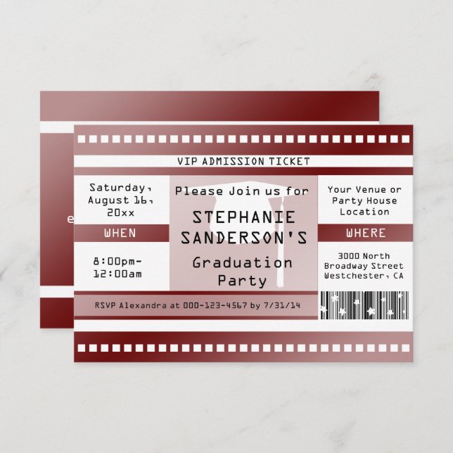 Maroon Graduation or Party Admission Ticket Invitation (Front/Back)