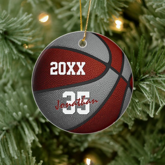 maroon gray team colors keepsake basketball ceramic ornament (Tree)
