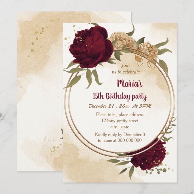 Maroon green beige gold botanical birthday  invitation (Front/Back)