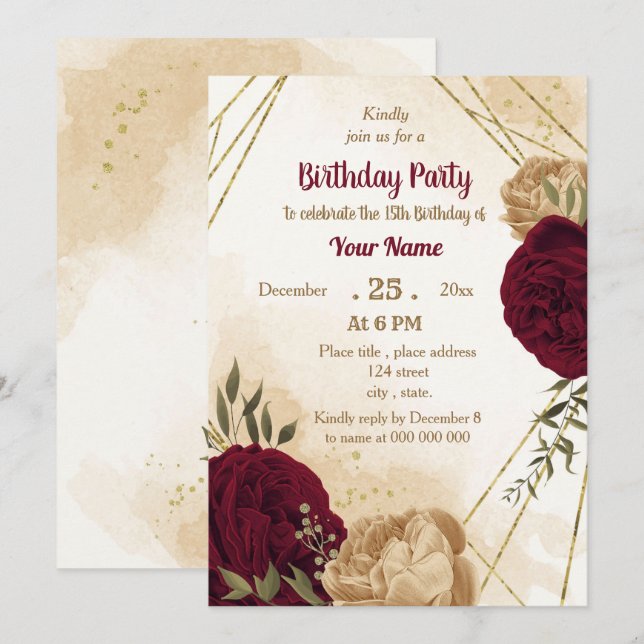Maroon green beige gold botanical birthday  invitation (Front/Back)