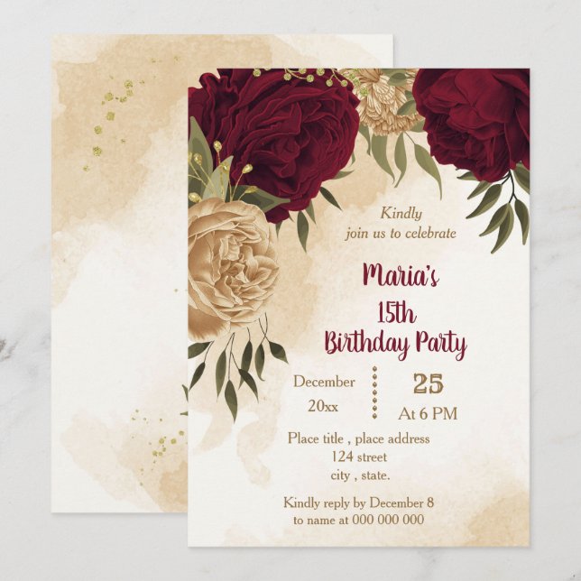 Maroon green beige gold botanical birthday  invitation (Front/Back)
