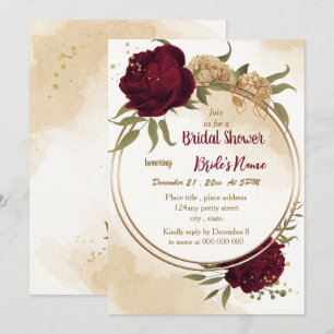 Maroon green beige gold botanical bridal shower invitation