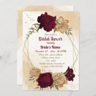 Maroon green beige gold botanical bridal shower invitation