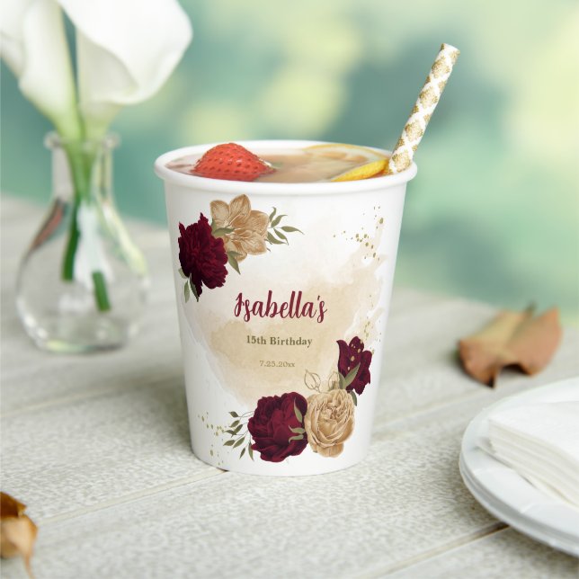 Maroon green beige gold botanical  paper cups (Insitu)