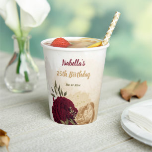 Maroon green beige gold botanical  paper cups