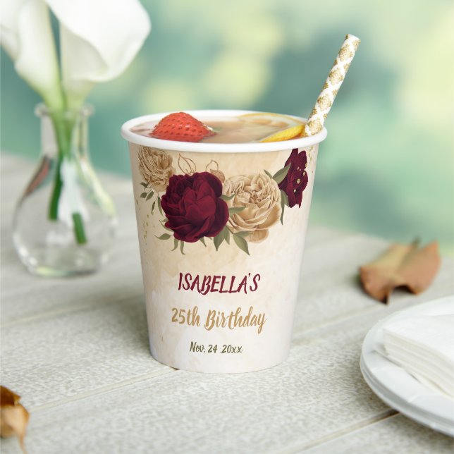 Maroon green beige gold botanical  paper cups (Insitu)