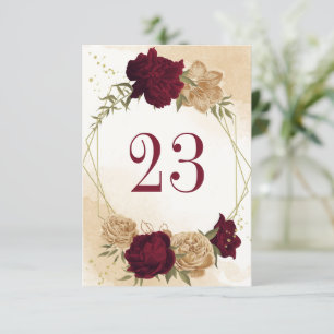 Maroon green beige gold botanical table number