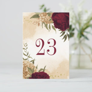 Maroon green beige gold botanical table number