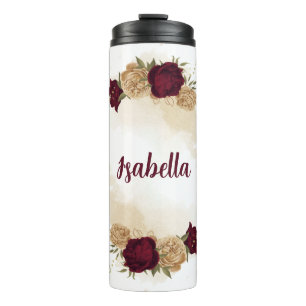 Maroon green beige gold botanical thermal tumbler