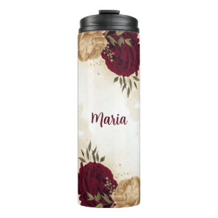 Maroon green beige gold botanical thermal tumbler