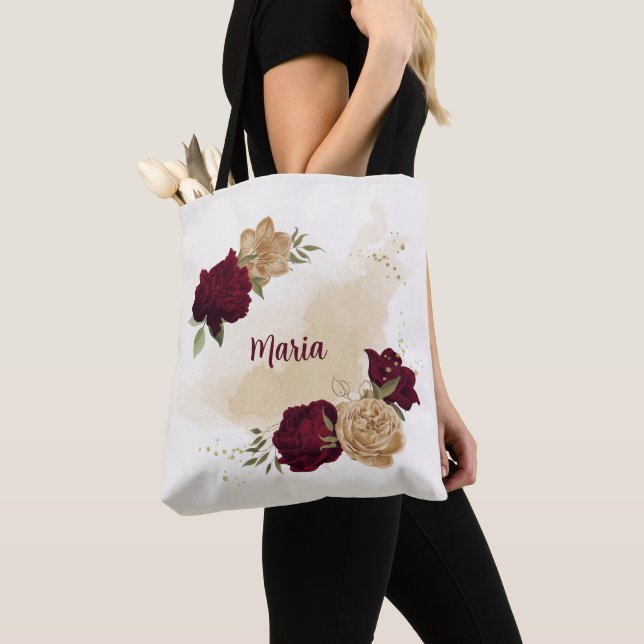 Maroon green beige gold botanical tote bag (Close Up)