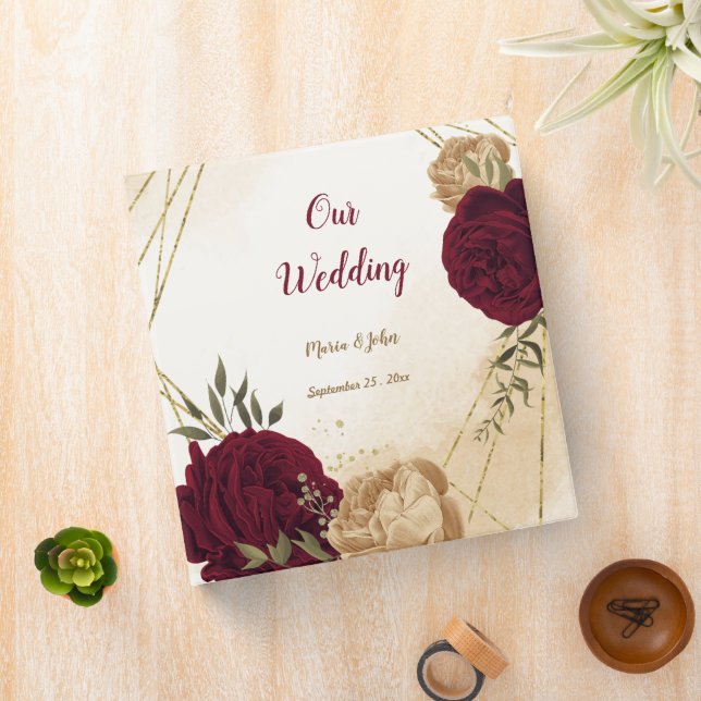 Maroon green beige gold botanical wedding binder (In Situ)