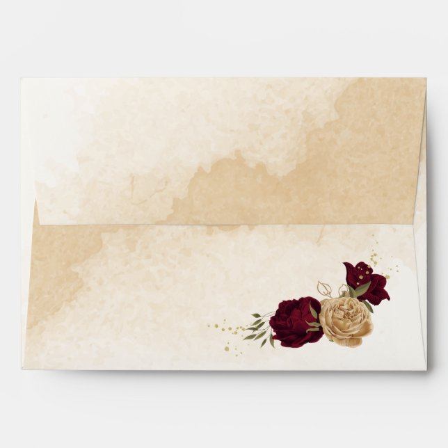 Maroon green beige gold botanical wedding envelope (Back (Top Flap))