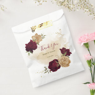 Maroon green beige gold botanical wedding favour bag