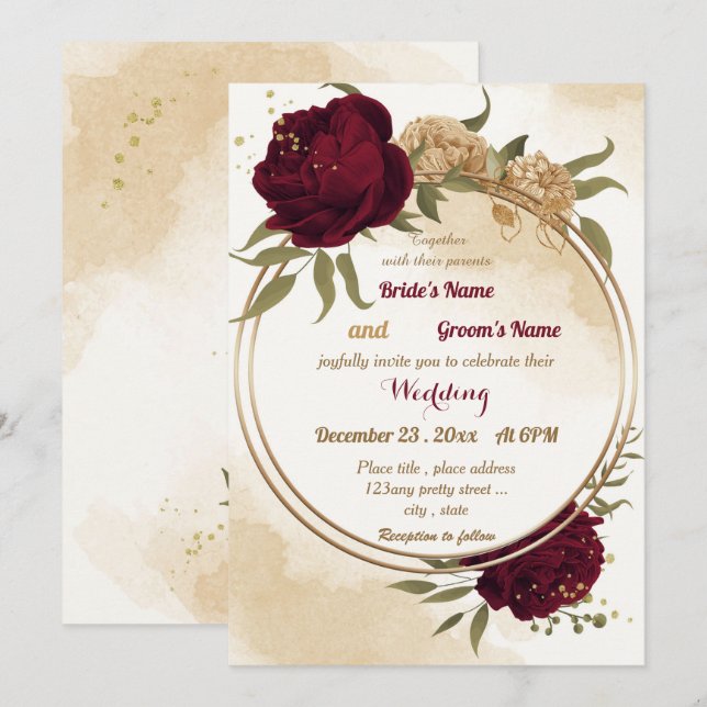 Maroon green beige gold botanical wedding invitation (Front/Back)