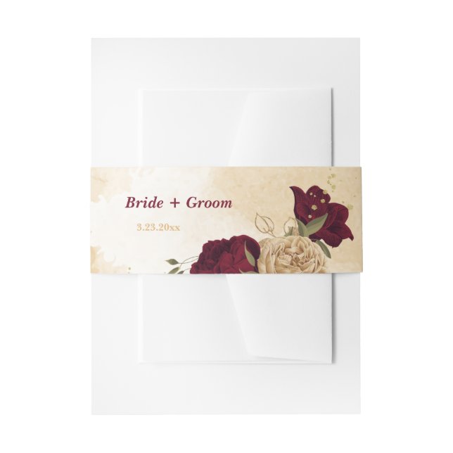 Maroon green beige gold botanical wedding invitation belly band (Front Example)
