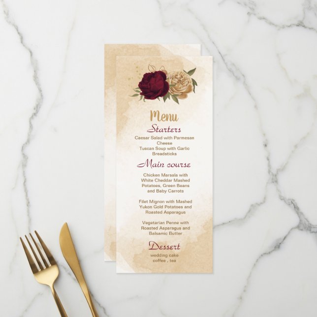 Maroon green beige gold botanical wedding menu (Front/Back In Situ)