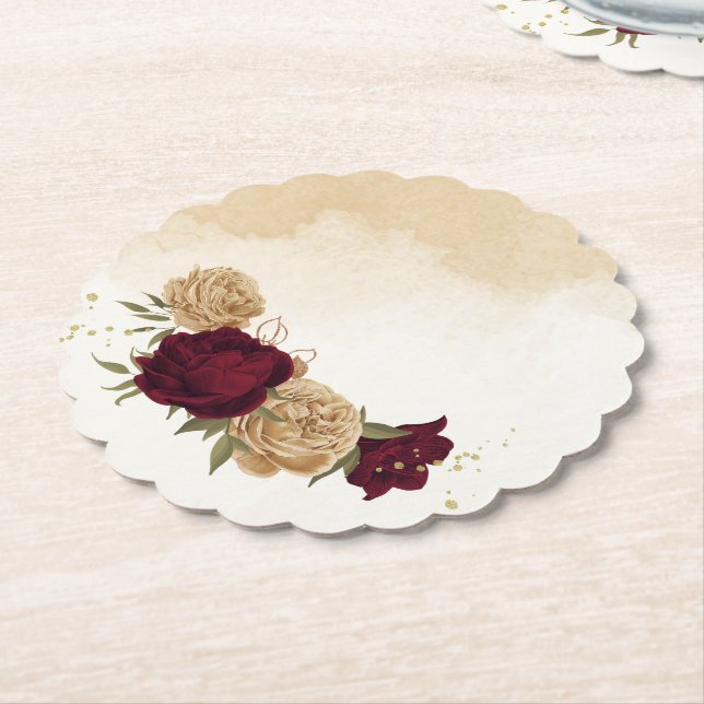 Maroon green beige gold botanical wedding paper coaster (Angled)
