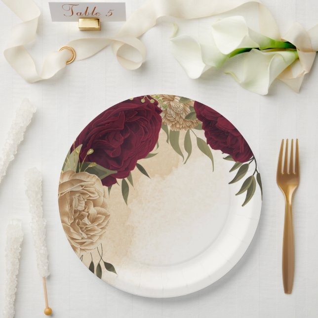 Maroon green beige gold botanical wedding paper plate (Wedding)