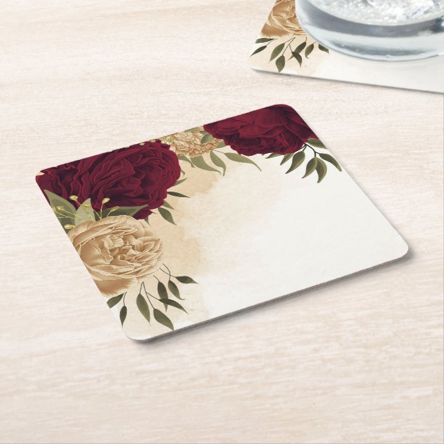 Maroon green beige gold botanical wedding square paper coaster (Angled)
