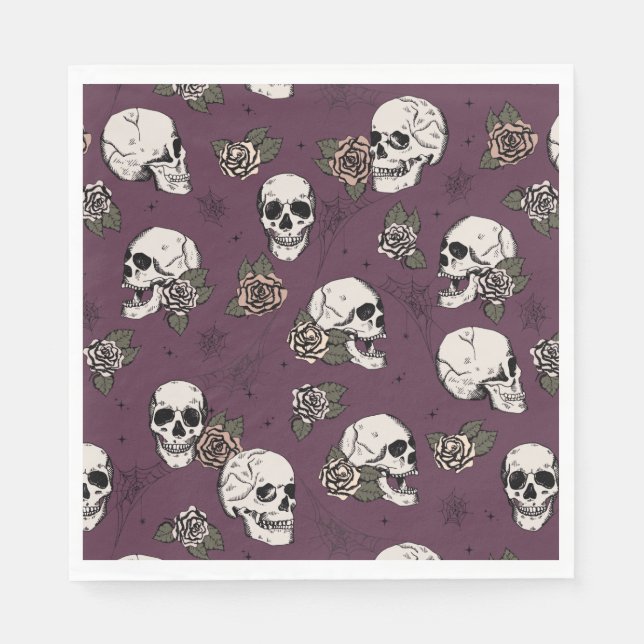 Maroon Green Gothic Skulls and Roses Halloween Napkin (Front)