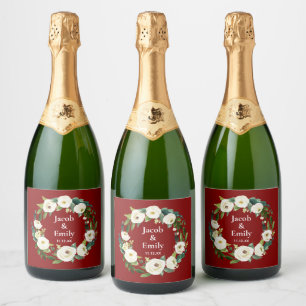 Maroon Greenery Personalized Names Date Wedding Sparkling Wine Label