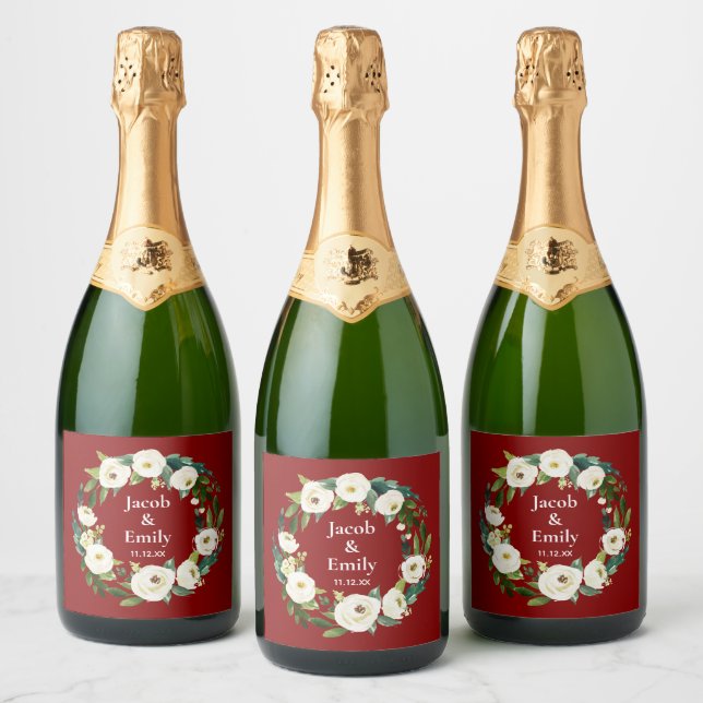 Maroon Greenery Personalized Names Date Wedding Sparkling Wine Label (Bottles)