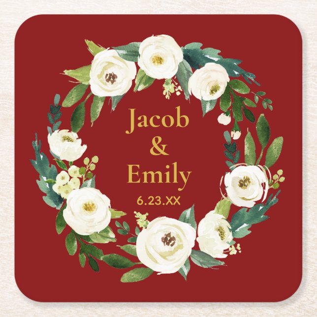 Maroon Greenery Personalized Names Date Wedding Square Paper Coaster (Front)