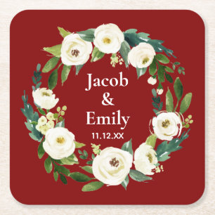 Maroon Greenery Personalized Names Date Wedding Square Paper Coaster