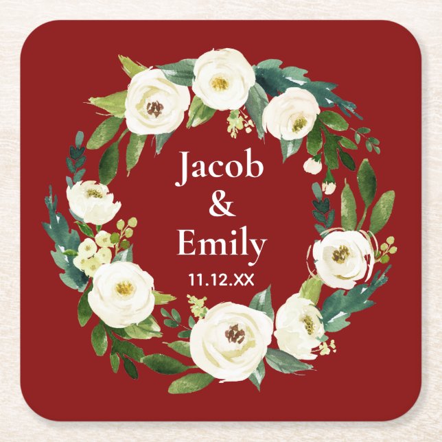 Maroon Greenery Personalized Names Date Wedding Square Paper Coaster (Front)
