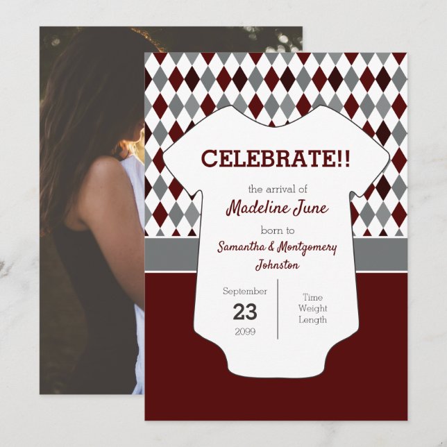 Maroon & Grey Argyle Pattern Baby Photo Announcement (Front/Back)
