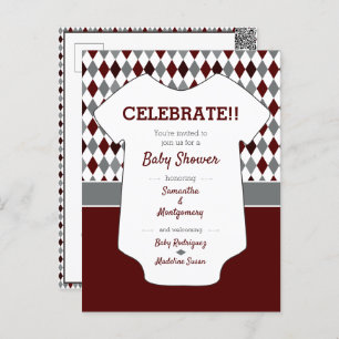 Maroon & Grey Blue Argyle Pattern Baby Shower Postcard