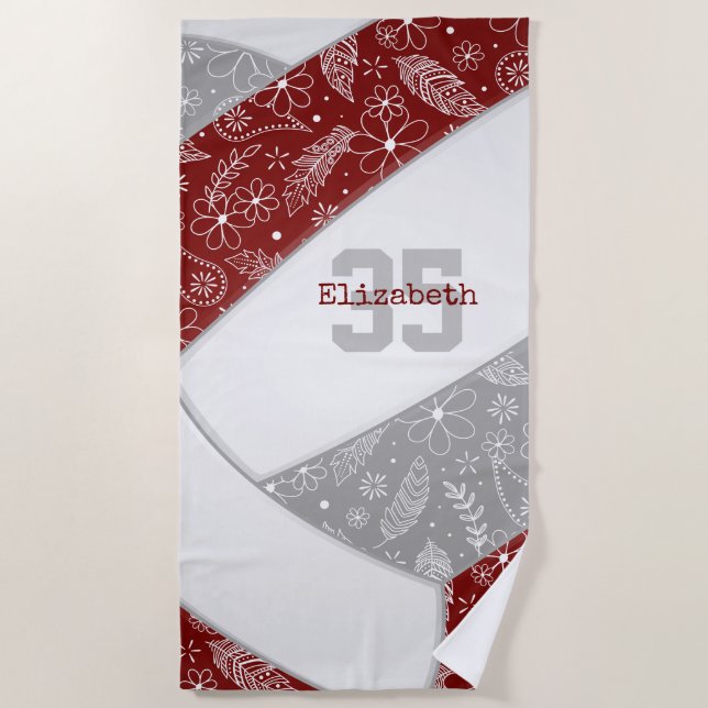 maroon grey boho floral paisley pattern volleyball beach towel (Front)