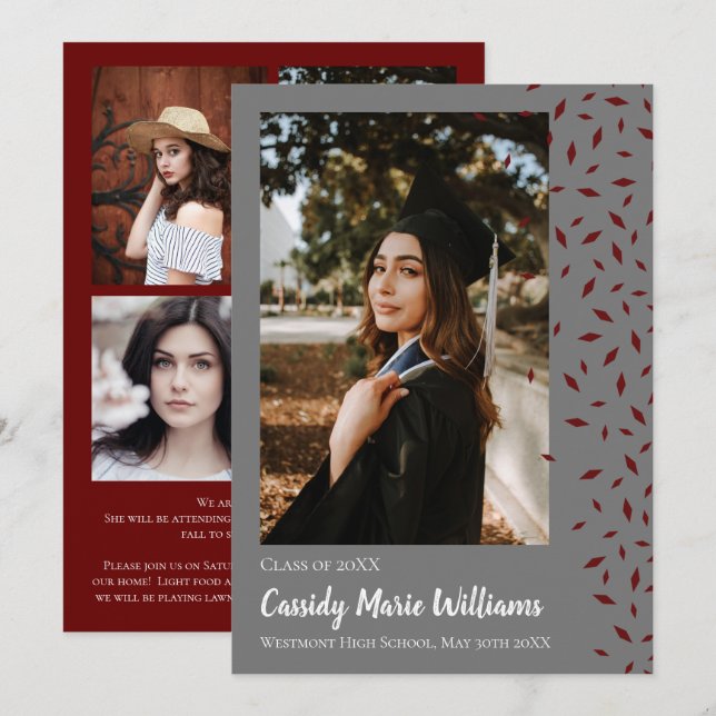 Maroon Grey Confetti Graduation Announcement (Front/Back)
