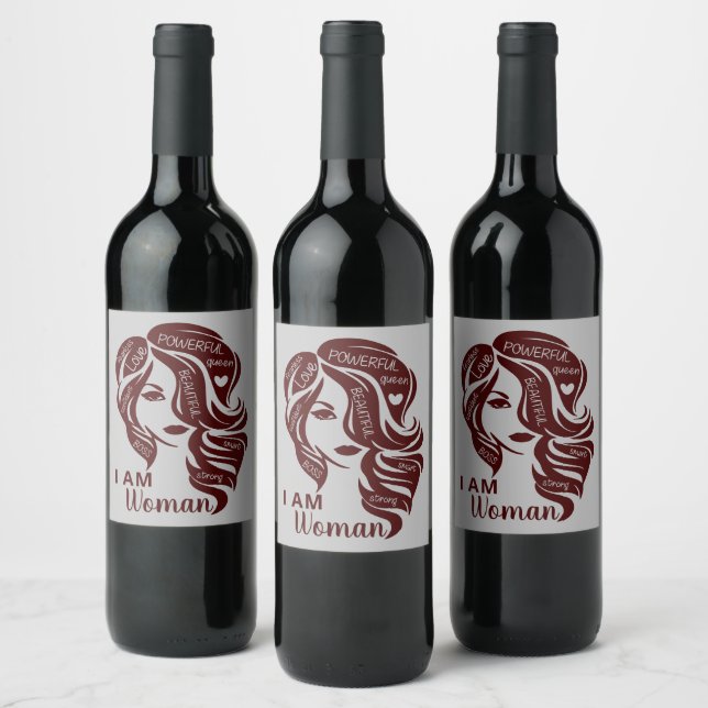 Maroon/Grey I Am Woman Personalized Wine Label (Bottles)