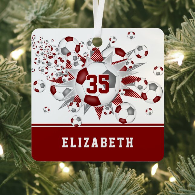 Maroon grey soccer balls stars personalized  metal ornament (Insitu)
