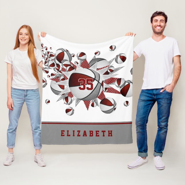 maroon  grey sports decor girls basketballs stars fleece blanket (In Situ)