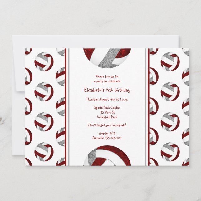maroon grey sporty girly volleyball birthday party invitation (Front)